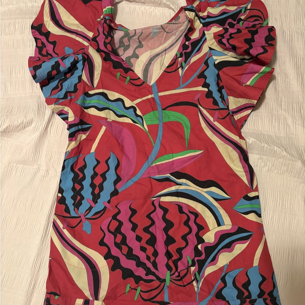 Oliphant Red Floral Abstract Short Sleeve Tunic